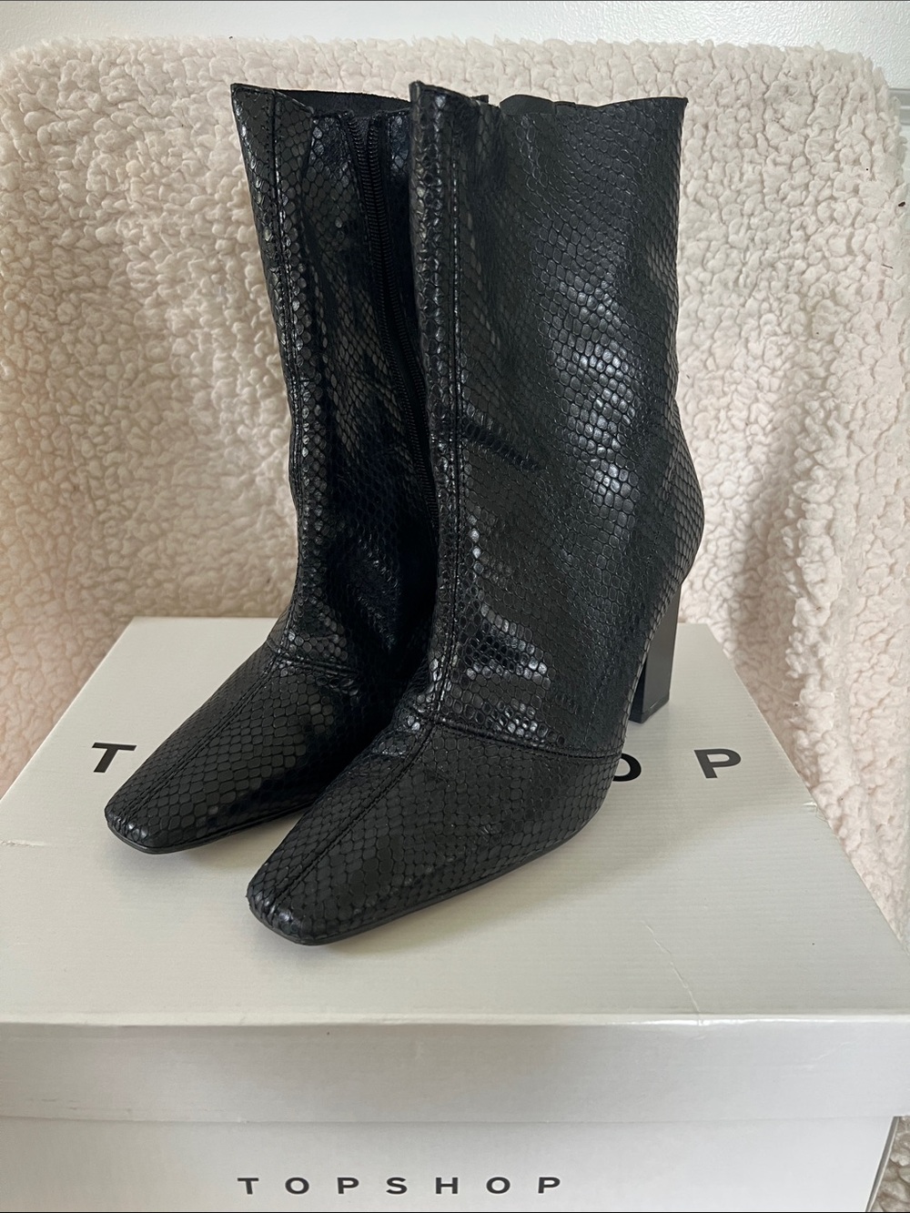 Topshop Black Snake-Embossed Mid-Calf Heeled Boots - Size 7.5 (worn only once)